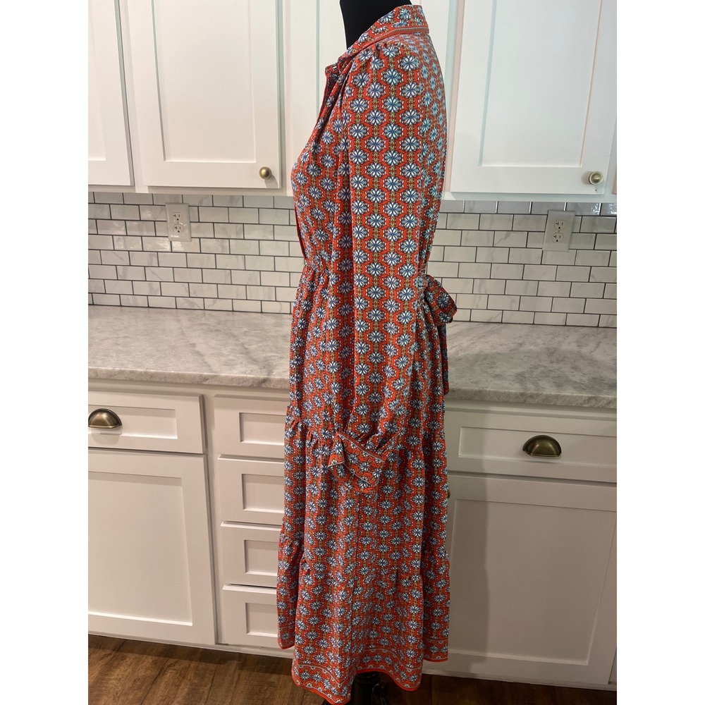 Max Studio Midi Dress Womens Small Orange Blue Floral Tiered Prairie Bohemian - Picture 6 of 12